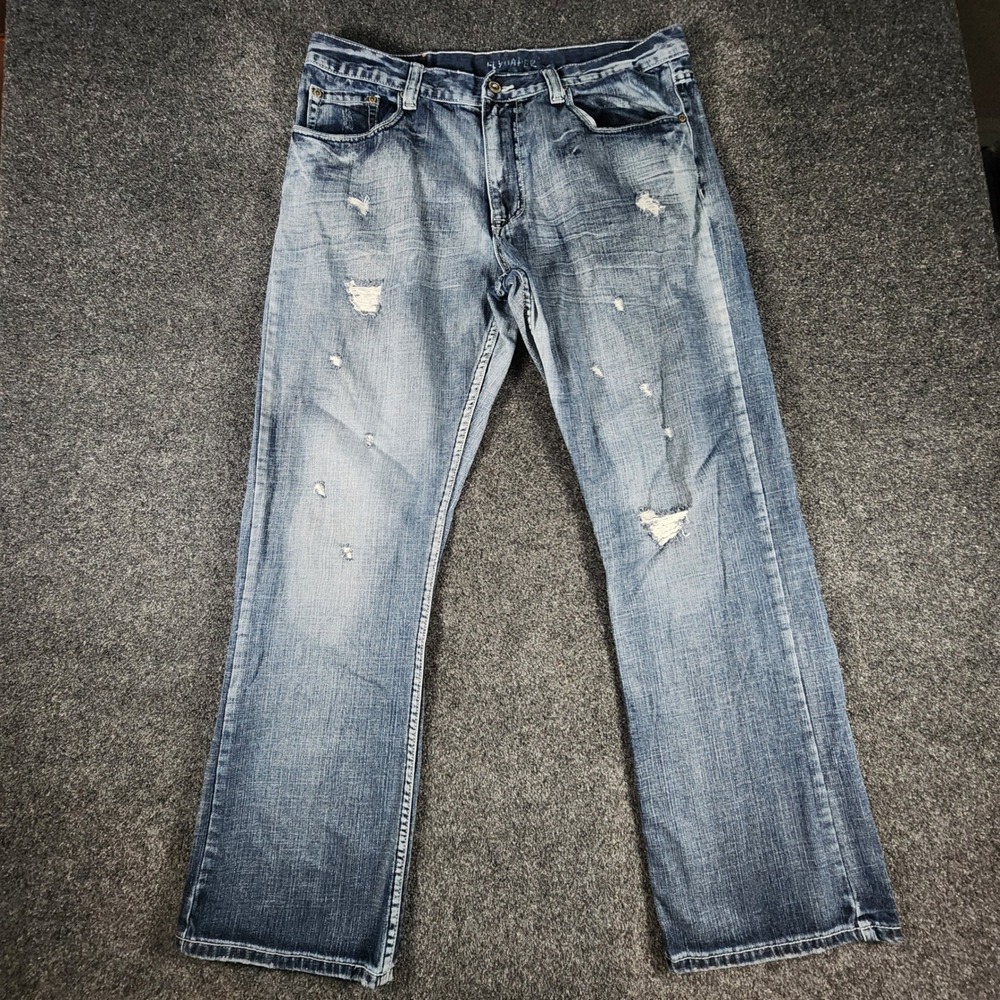 Flypaper Heavy Stitch Distressed Bootcut Jeans Men 36x32 Blue Denim Pants